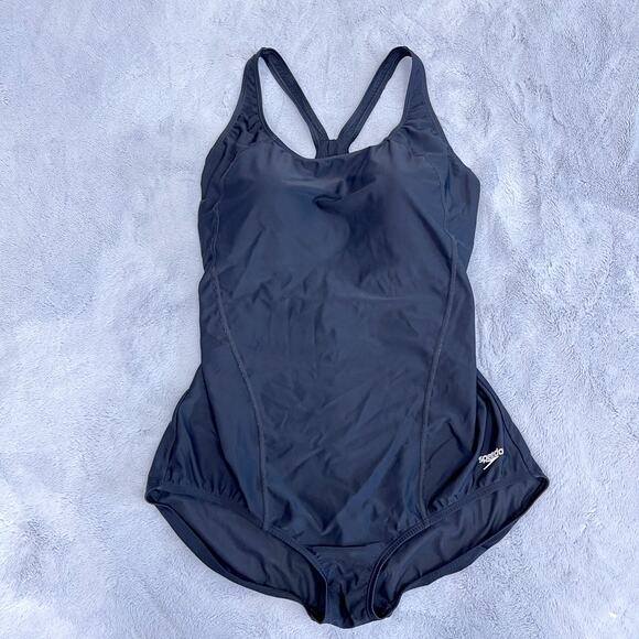 Speedo PowerFlex One Piece Swimsuit Black Solid Moderate Ultraback Womens 18 - Picture 1 of 6